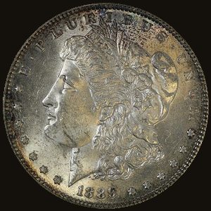 1889 Morgan dollar showing AU-58 (About Uncirculated (“slider”)) condition