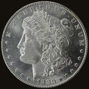 1880-S Morgan dollar showing MS-63 (Mint State · choice) condition