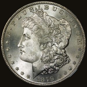 1879-S Morgan dollar showing MS-67+ (Mint State · superb gem) condition