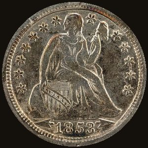 Obverse of a Seated Liberty Dime.