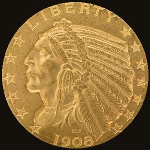 Obverse of a 1908 Indian Head half eagle ($5 gold).