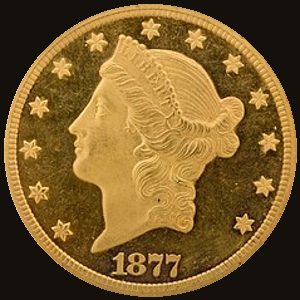 Obverse and reverse of an 1877 Liberty Head double eagle showing Liberty's head and a heraldic eagle.