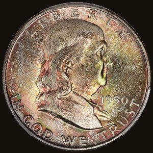 Obverse of a 1950-D Franklin half dollar showing Benjamin Franklin's profile facing right.