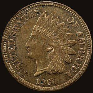 Obverse of an 1860 Indian Head cent showing Liberty in a feathered headdress.