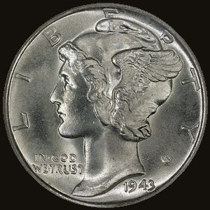 Obverse of a 1943-D Mercury dime.