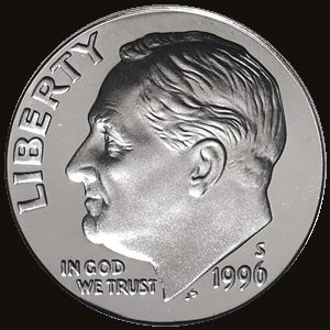 Obverse of a 1996-S Roosevelt dime showing Franklin D. Roosevelt's profile facing left.
