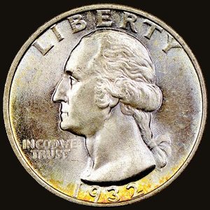 Obverse of a 1932 Washington quarter showing George Washington's profile facing left.
