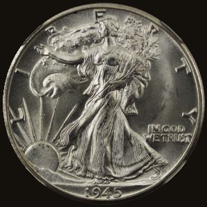 Obverse of a 1945-D Walking Liberty half dollar showing Liberty striding left toward a rising sun.