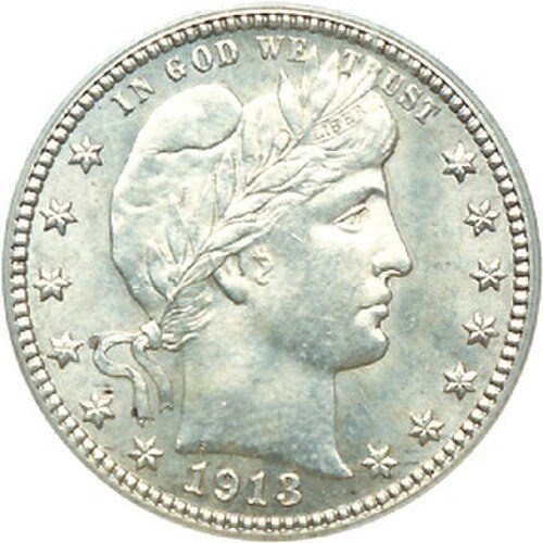Obverse of a 1913 Barber quarter showing Liberty in a cap and laurel wreath.