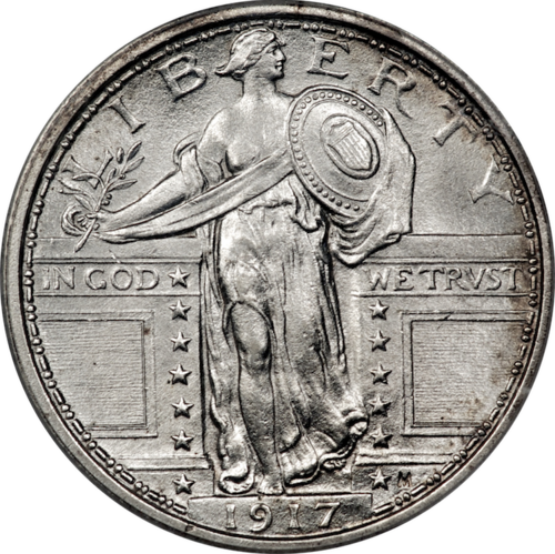Obverse of a 1917 Type 1 Standing Liberty quarter, graded PCGS MS64 FH.
