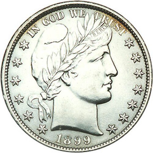 Obverse of an 1899 Barber half dollar showing Liberty in a cap and laurel wreath.