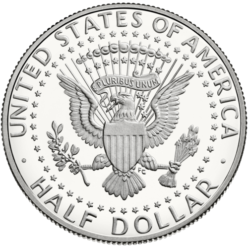 Reverse of a Kennedy half dollar showing the heraldic eagle of the Presidential Seal.