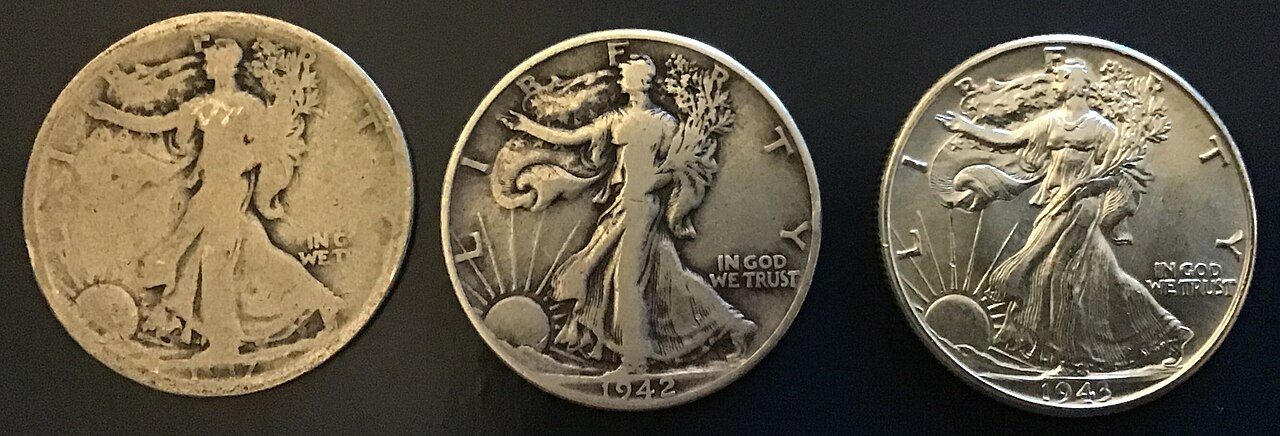 Three Walking Liberty half dollars side by side showing About Good, Fine, and About Uncirculated wear