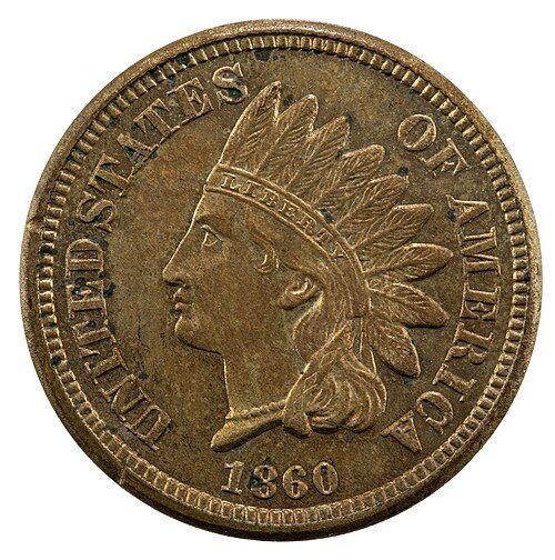 Obverse of an 1860 Indian Head cent showing Liberty in a feathered headdress.