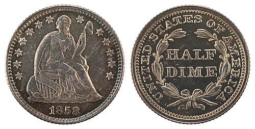 Obverse and reverse of an 1858 Seated Liberty half dime showing Liberty seated and a wreath around HALF DIME.