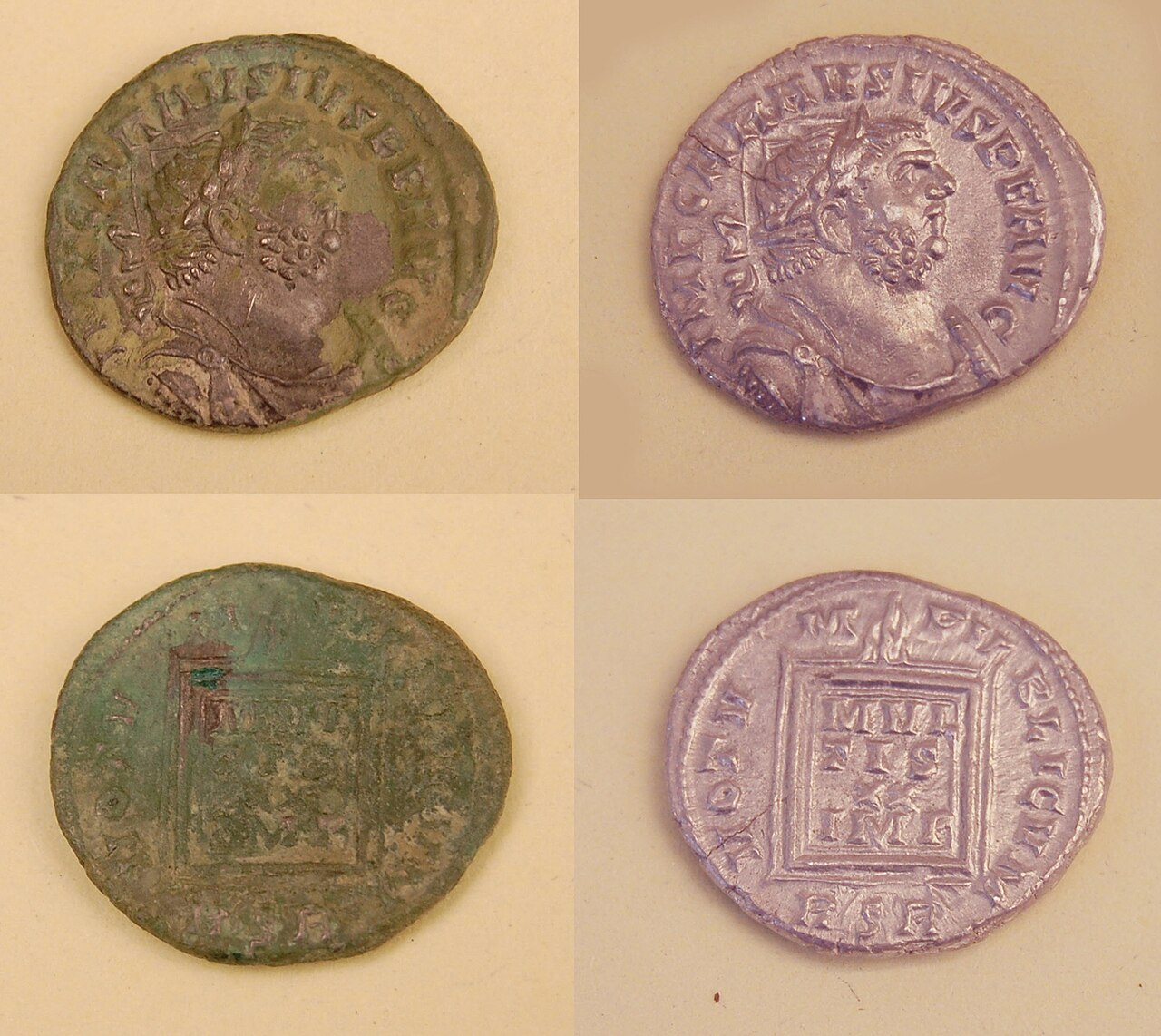 Two ancient Roman coins shown before conservation, dark and encrusted, and after, with the design fully readable