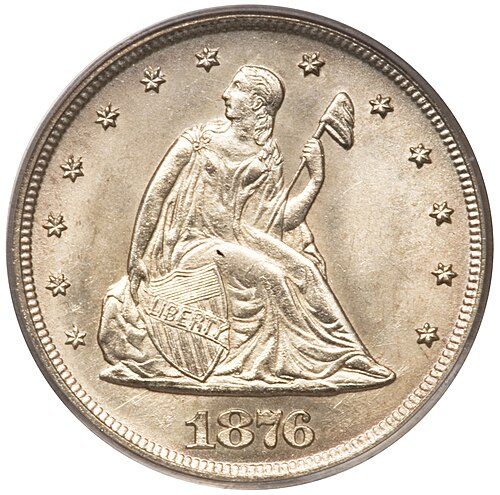 Obverse of an 1876-CC twenty-cent piece showing Liberty seated.