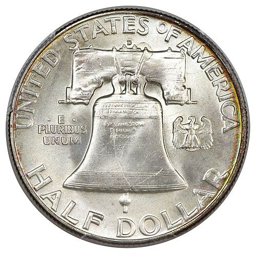 Reverse of a 1950-D Franklin half dollar showing the Liberty Bell with a small eagle to its right.