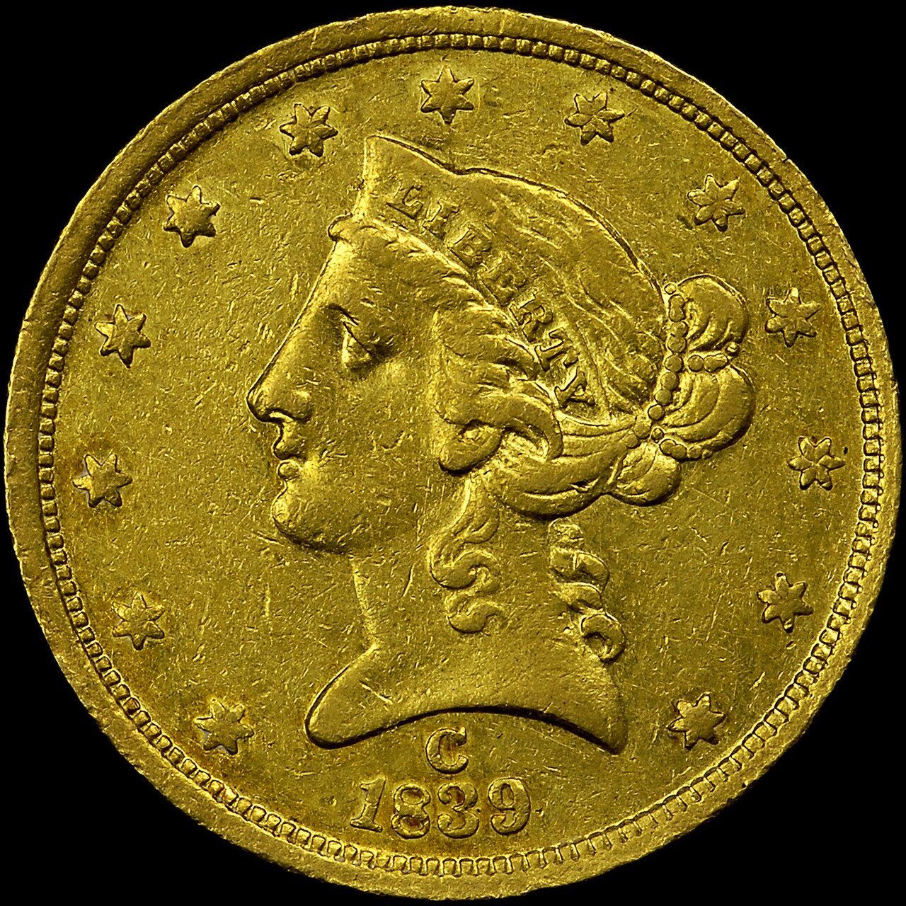 1839-C five dollar gold coin graded by NGC as Improperly Cleaned, AU Details