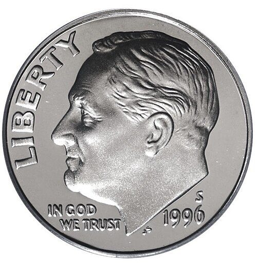 Obverse of a 1996-S Roosevelt dime showing Franklin D. Roosevelt's profile facing left.
