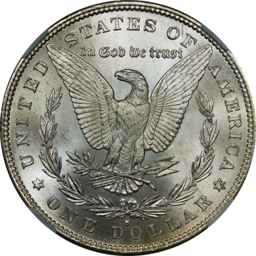 Reverse of a 1879-S Morgan dollar, graded NGC MS67+.