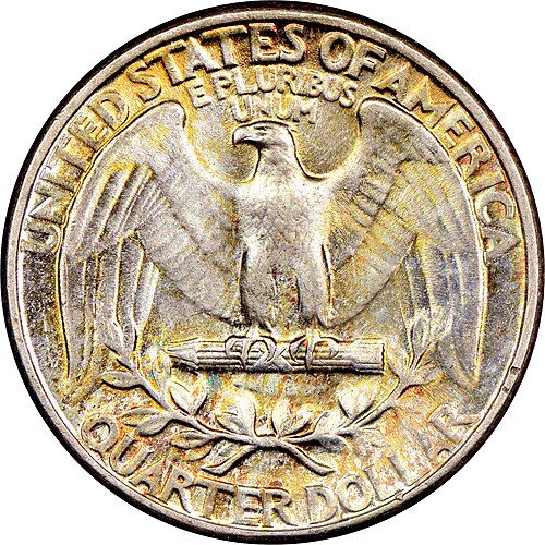 Reverse of a 1932 Washington quarter showing an eagle perched on a bundle of arrows.