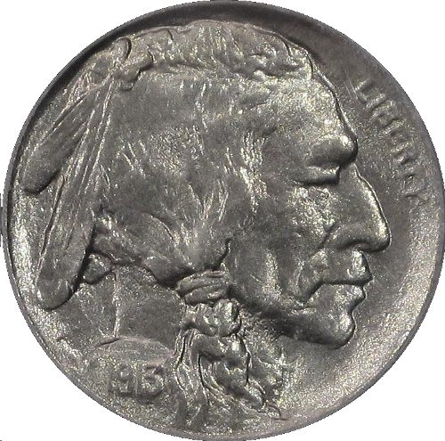 Obverse of a 1913 Type 1 Buffalo nickel, graded NGC MS65.