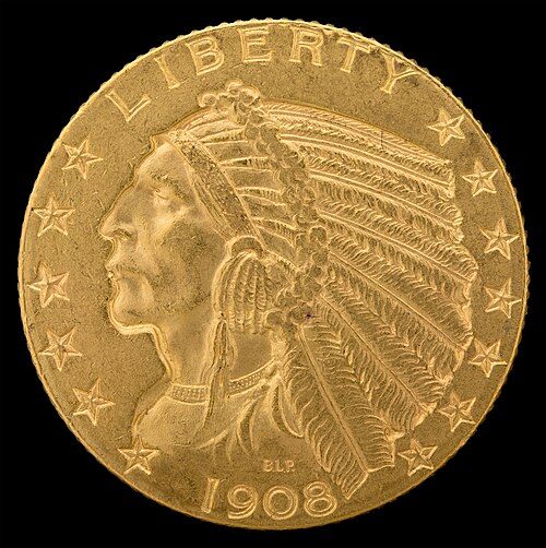 Obverse of a 1908 Indian Head half eagle ($5 gold).