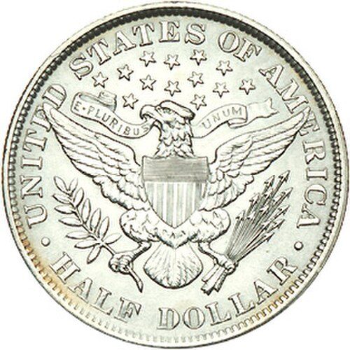 Reverse of an 1899 Barber half dollar showing the heraldic eagle of the Great Seal.