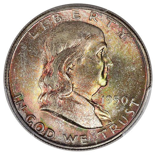 Obverse of a 1950-D Franklin half dollar showing Benjamin Franklin's profile facing right.