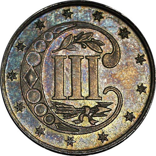 Reverse of an 1871 proof Three-Cent Silver coin showing the Roman numeral III in a C.