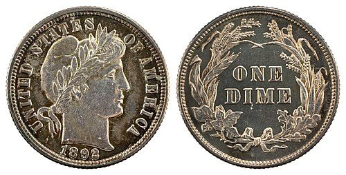 Obverse and reverse of an 1892 Barber dime showing Liberty in a cap and a wreath around ONE DIME.