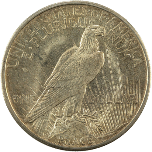 Reverse of a 1921 Peace dollar (high relief, first year).
