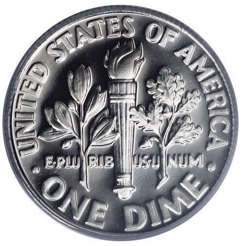 Reverse of a 1996-S Roosevelt dime showing a torch flanked by olive and oak branches.