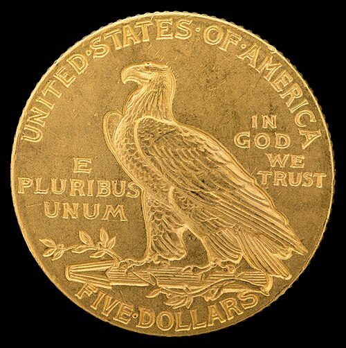Reverse of a 1908 Indian Head half eagle showing the standing eagle.