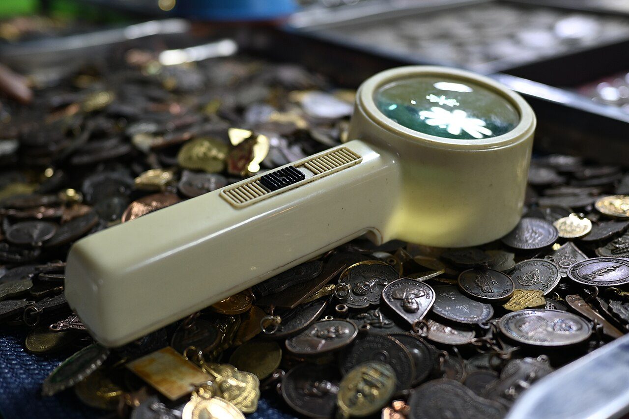Magnifying loupe resting on a pile of coins