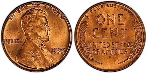 The 1955 doubled-die cent: doubling in the date and lettering.