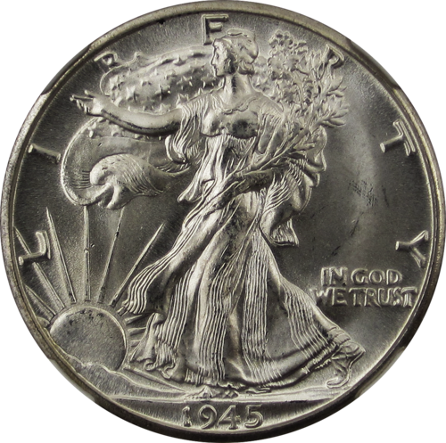 Obverse of a 1945-D Walking Liberty half dollar showing Liberty striding left toward a rising sun.