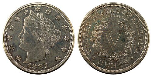 Obverse and reverse of an 1887 Liberty Head nickel of the With CENTS type, showing Liberty's head and a Roman numeral V in a wreath.