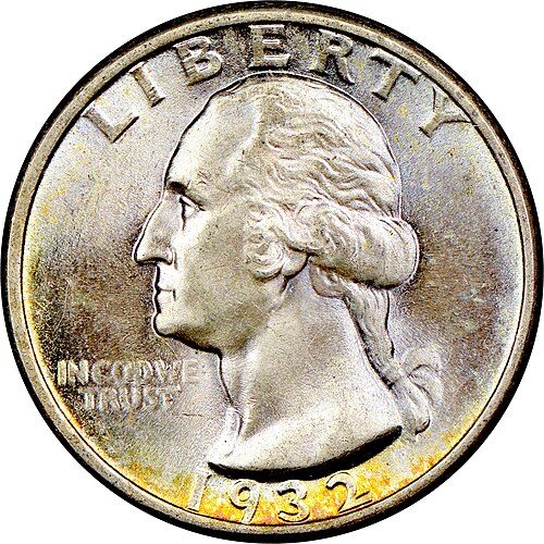 Obverse of a 1932 Washington quarter showing George Washington's profile facing left.