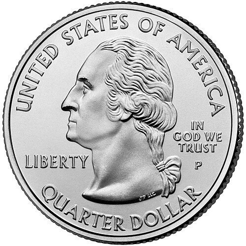 Obverse of a 50 State Quarters coin showing the Washington portrait.