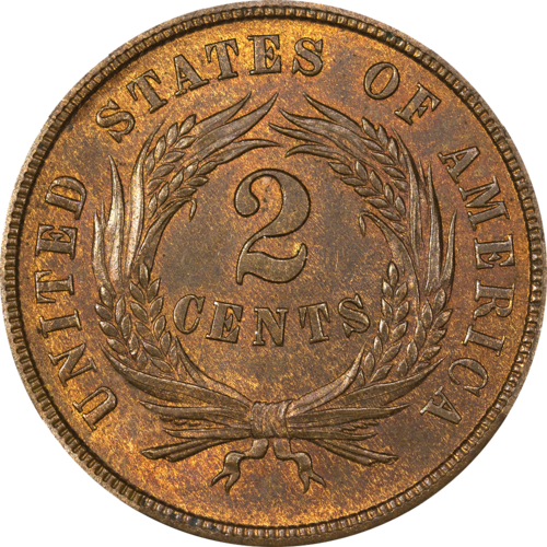 Reverse of an 1865 two-cent piece showing a wheat wreath around the denomination 2 CENTS.
