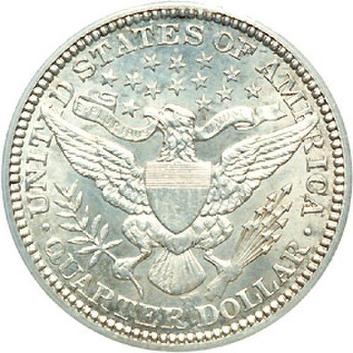 Reverse of a 1913 Barber quarter showing the heraldic eagle of the Great Seal.