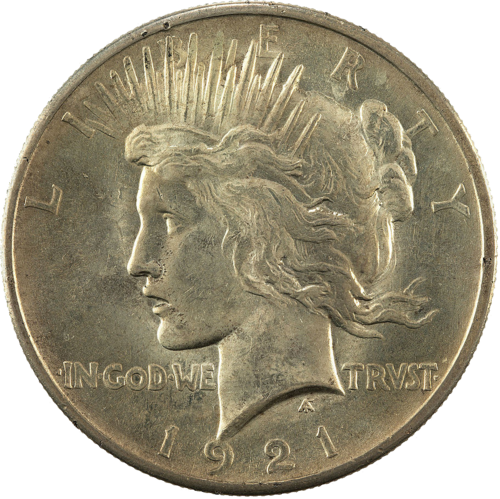 Obverse of a 1921 Peace dollar (high relief, first year).
