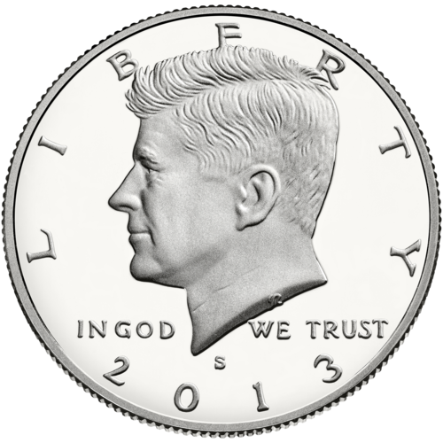 Obverse of a Kennedy half dollar showing John F. Kennedy's profile facing left.