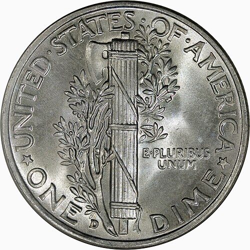 Reverse of a 1943-D Mercury dime.