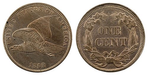 Obverse and reverse of an 1858 Flying Eagle cent showing a flying eagle and an agricultural wreath.