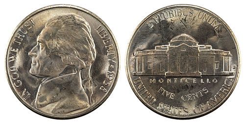 Obverse and reverse of a 1938 Jefferson nickel, showing Jefferson's profile and Monticello side by side.